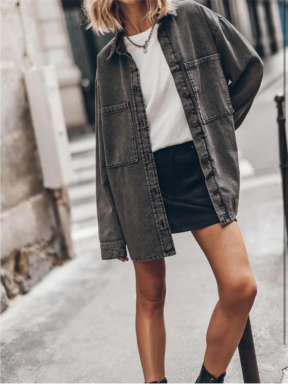 Washed Charcoal Gray Oversized Denim Shacket - Picture 3 of 7
